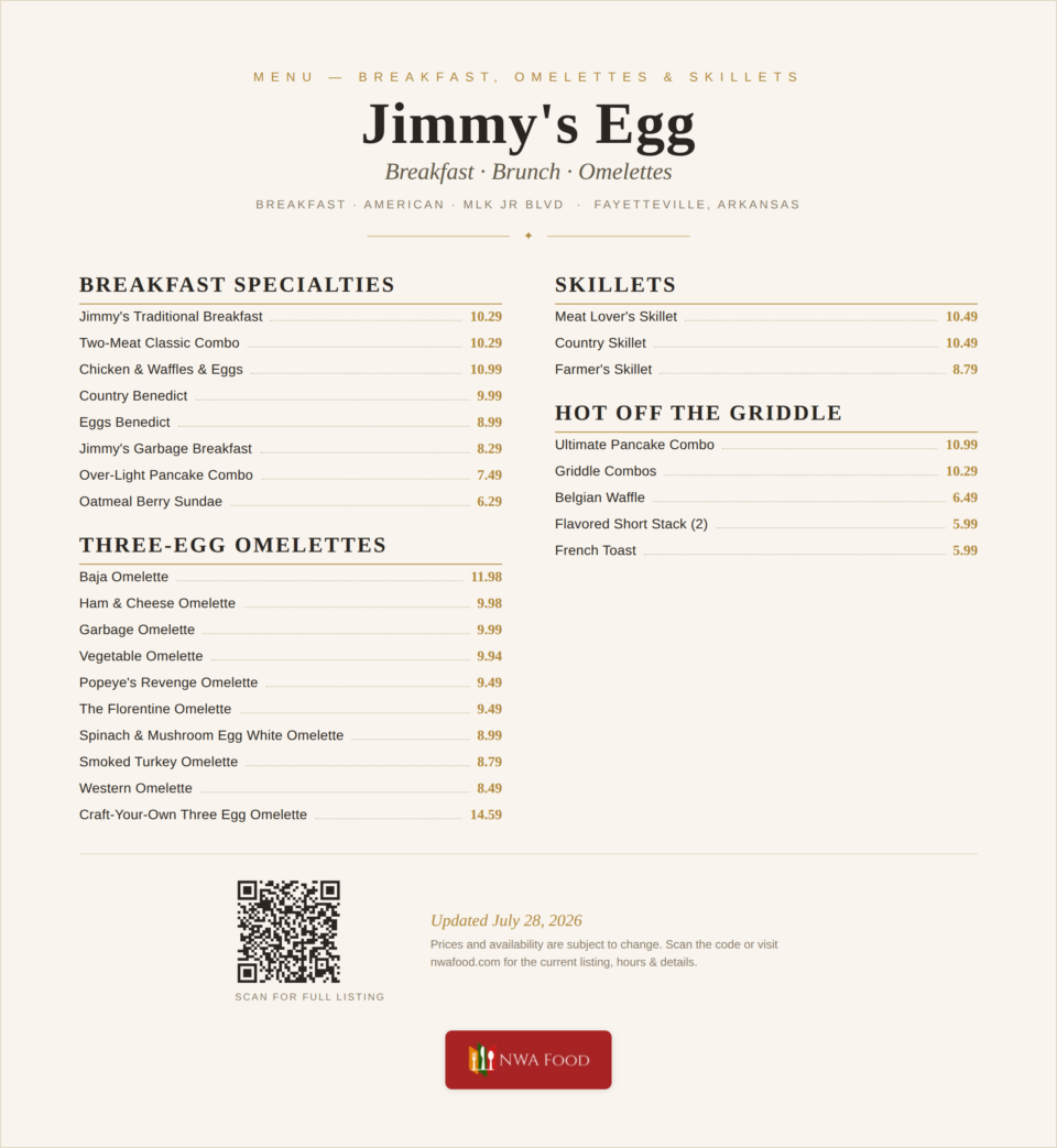 Jimmy's Egg - Fayetteville, AR - Menu with Prices - 01