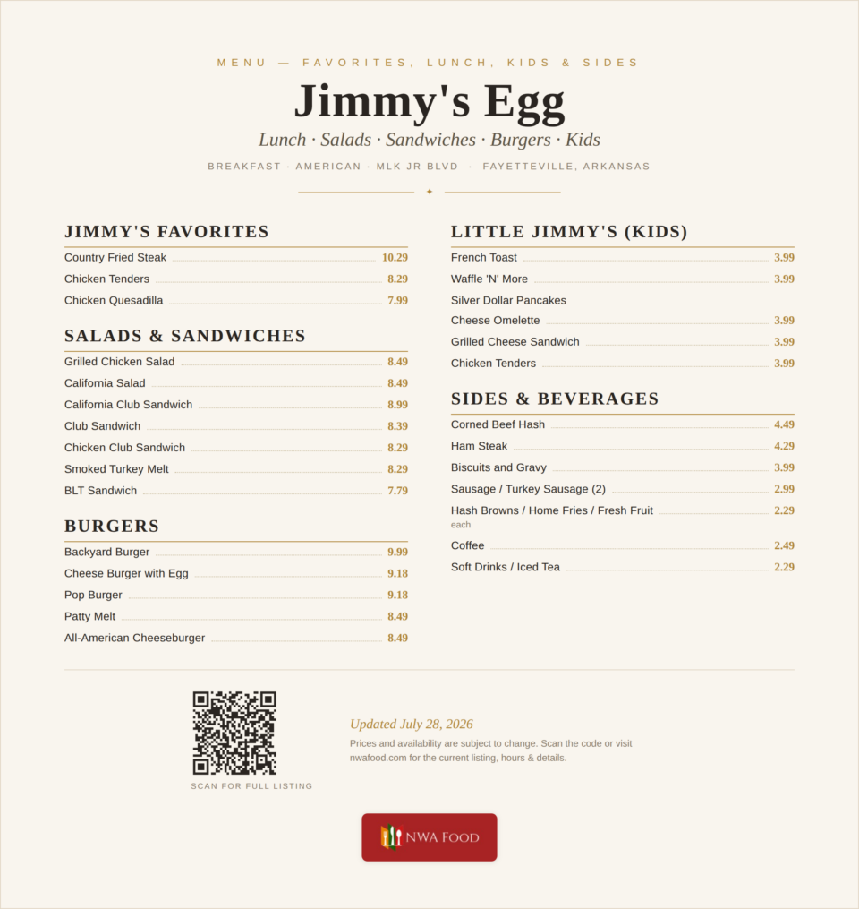Jimmy's Egg - Fayetteville, AR - Menu with Prices - 02
