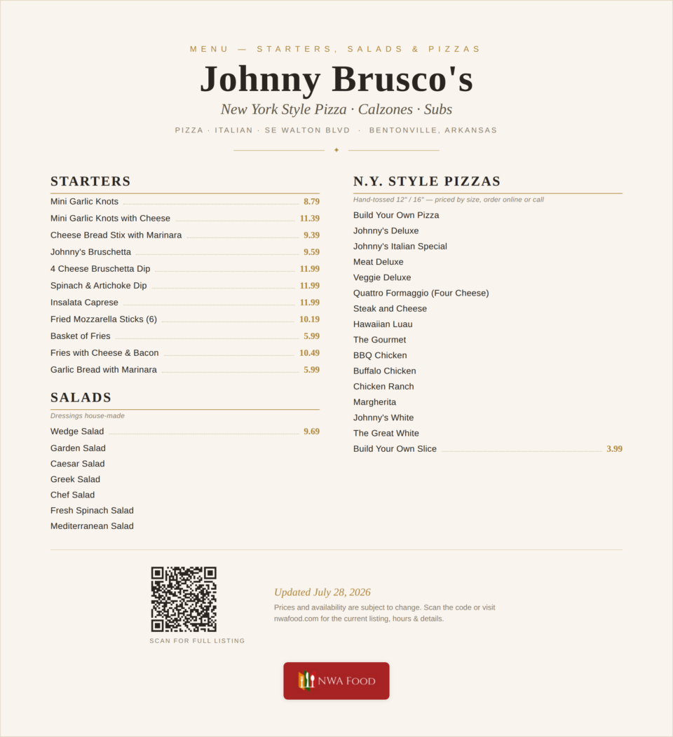 Johnny Brusco's New York Style Pizza - Bentonville, AR - Menu with Prices - 01