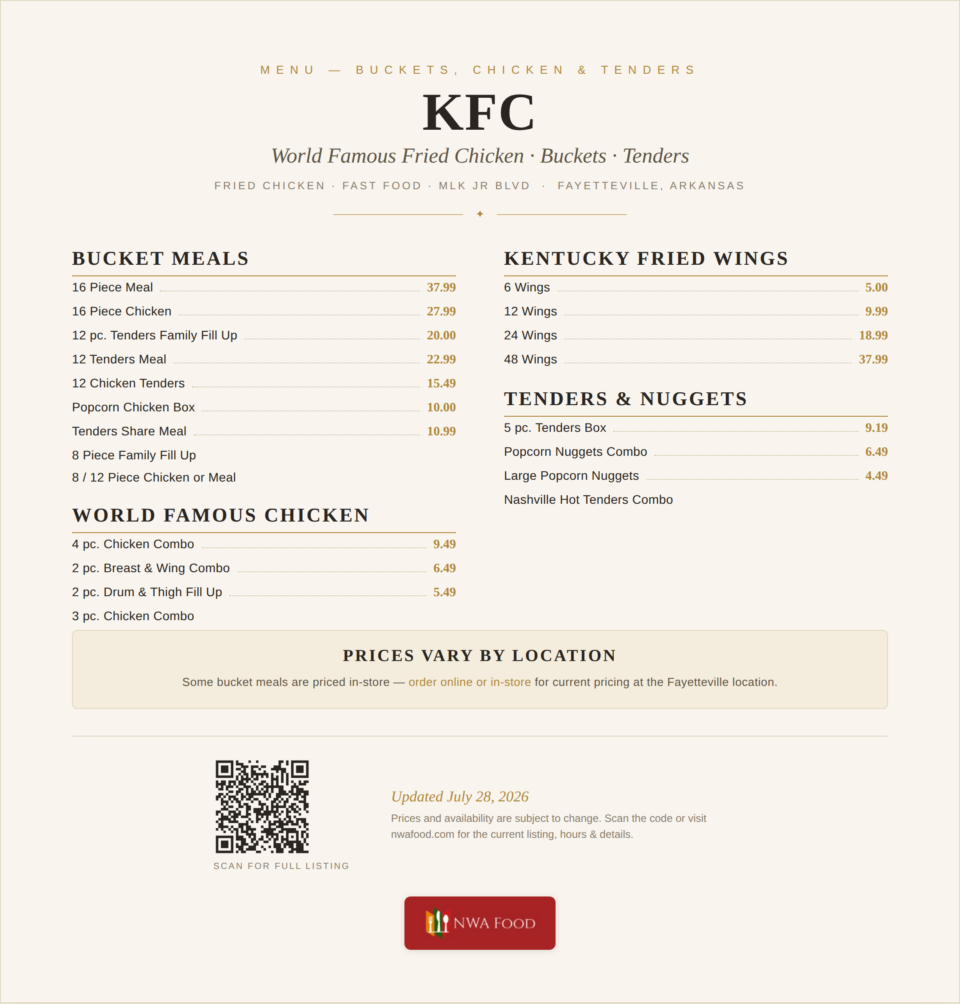KFC - Fayetteville, AR - Menu with Prices - 01