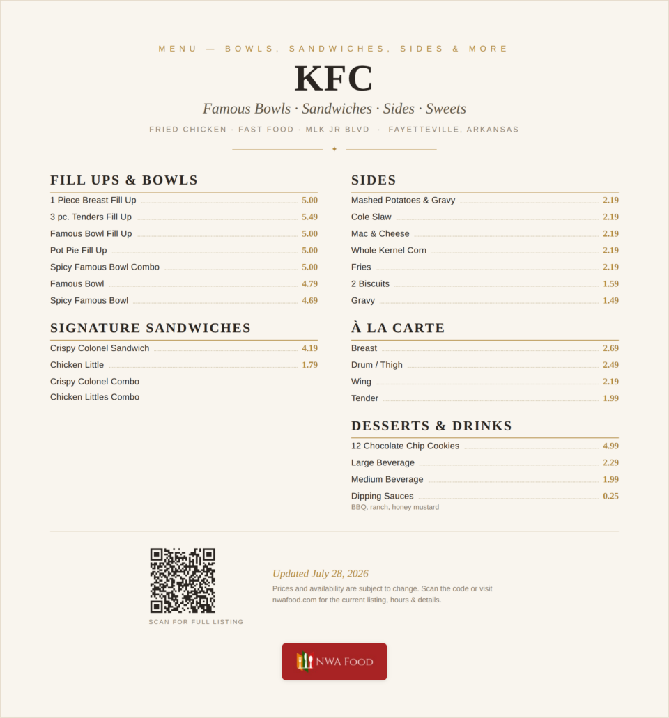 KFC - Fayetteville, AR - Menu with Prices - 02