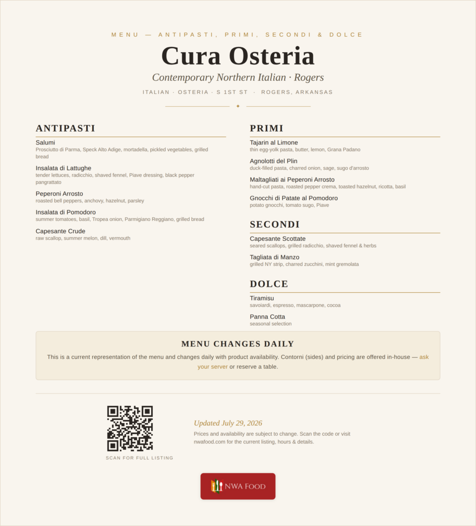 Cura Osteria - Rogers, AR - Menu