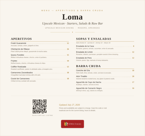 Loma menu — upscale Mexican starters, salads and raw bar with prices in Rogers, AR
