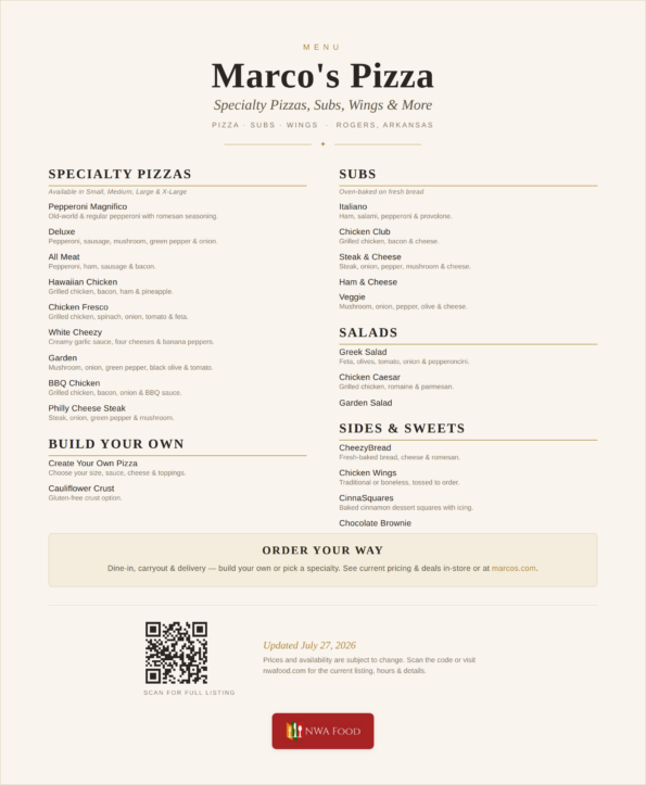 Marco's Pizza menu — specialty pizzas, subs, salads, wings and sides in Rogers, AR