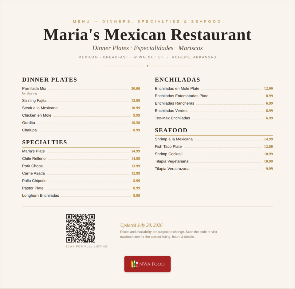 Maria's Mexican Restaurant - Rogers, AR - Menu with Prices - 02