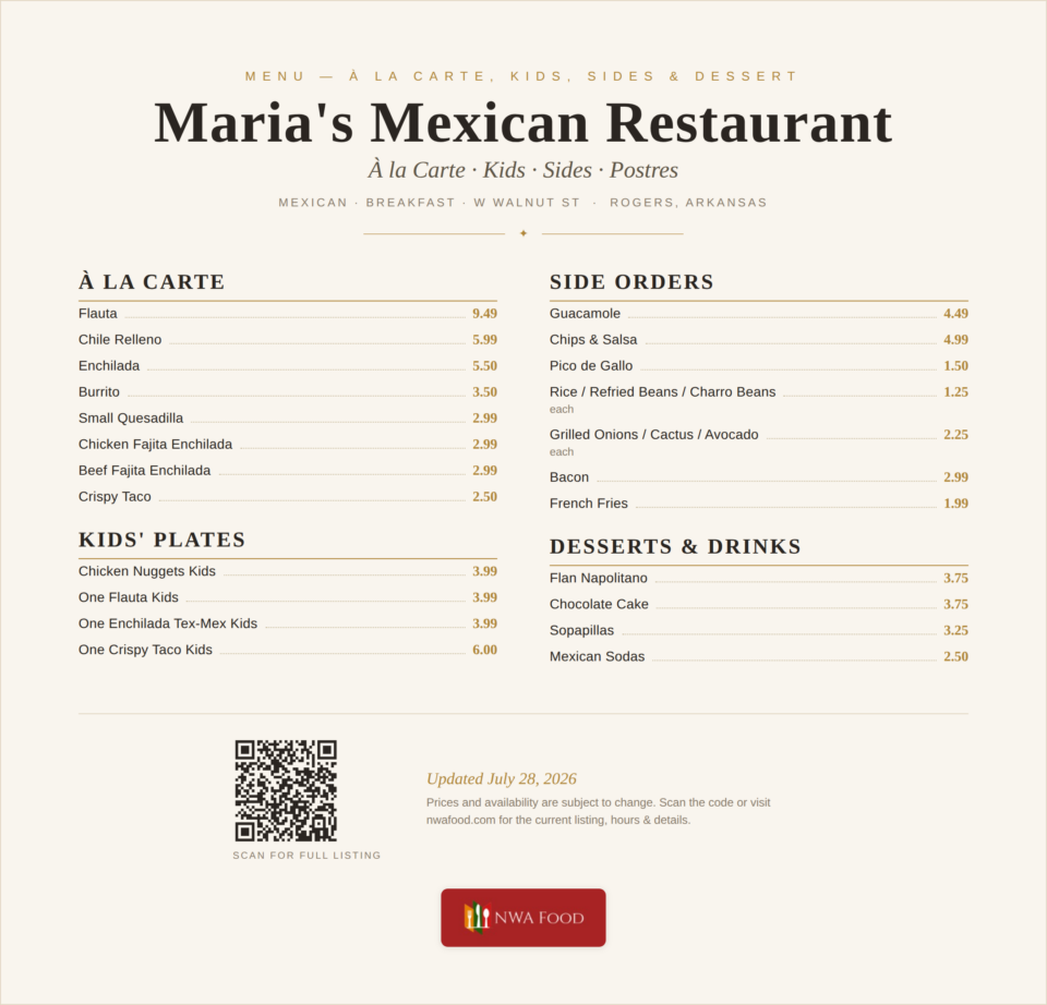 Maria's Mexican Restaurant - Rogers, AR - Menu with Prices - 03
