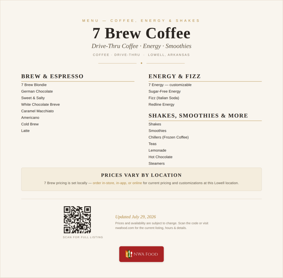 7 Brew Coffee - Lowell, AR - Menu