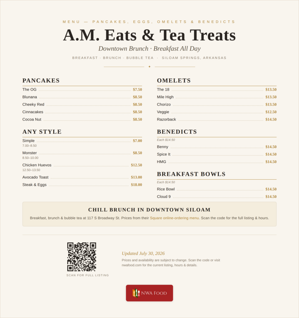 A.M. Eats & Tea Treats - Siloam Springs, AR - Menu with Prices - 01