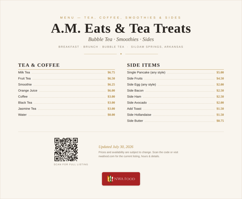 A.M. Eats & Tea Treats - Siloam Springs, AR - Menu with Prices - 02