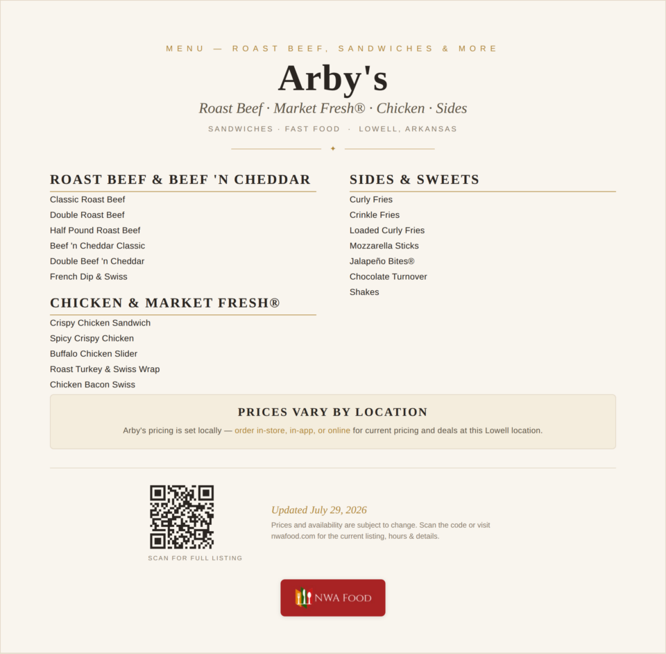 Arby's - Lowell, AR - Menu