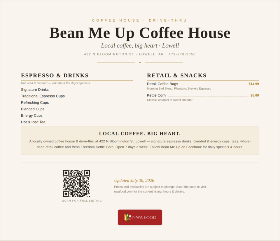 Bean Me Up Coffee House Menu