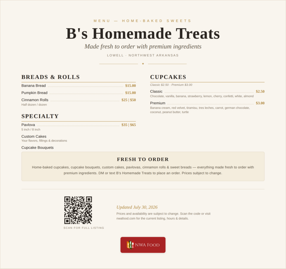 B's Homemade Treats Menu
