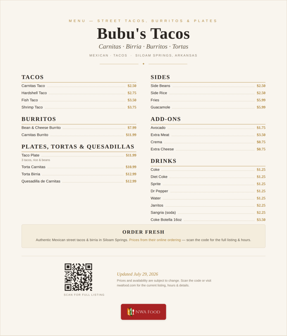 Bubu's Tacos - Siloam Springs, AR - Menu with Prices