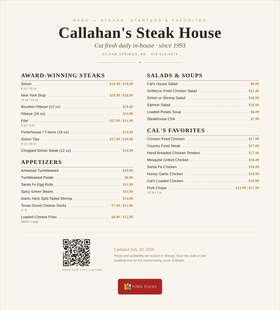 Callahan's Steak House Menu (1)