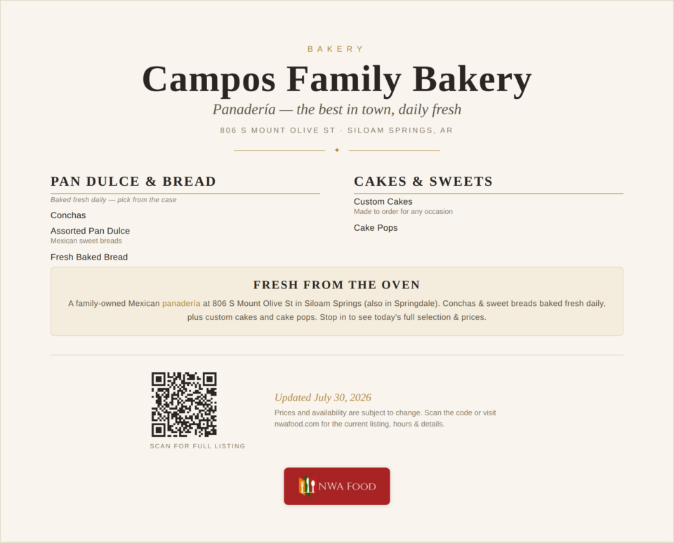 Campos Family Bakery - Siloam Springs, AR - Menu