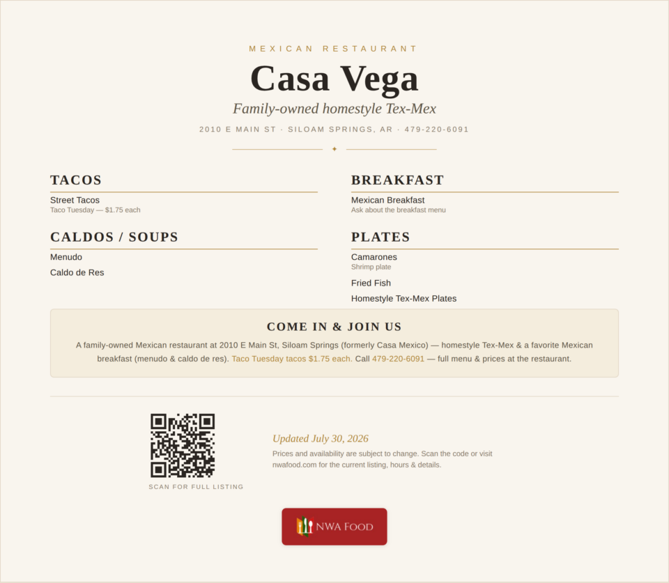Casa Vega - Siloam Springs, AR - Menu
