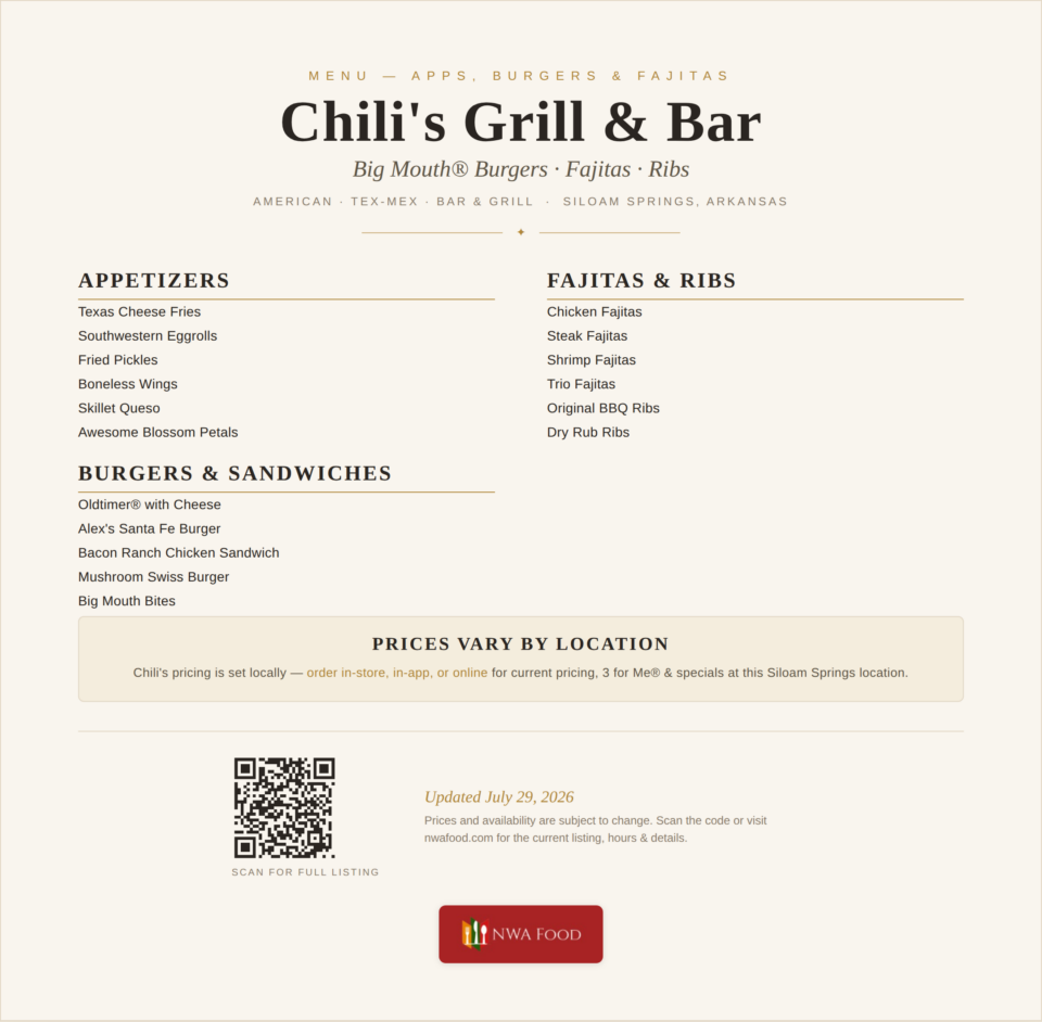 Chili's Grill & Bar - Siloam Springs, AR - Menu - 01