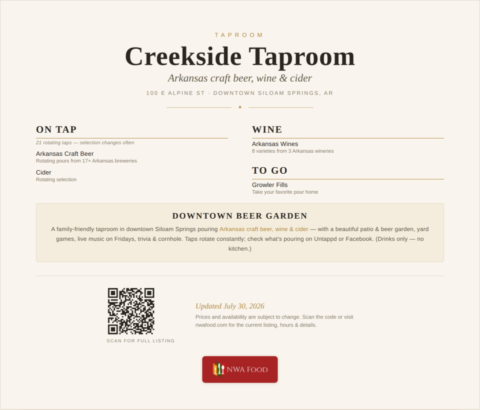 Creekside Taproom - Siloam Springs, AR - Menu