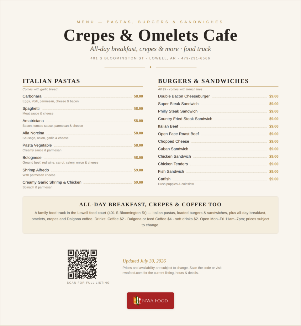 Crepes and Omelets Cafe Menu