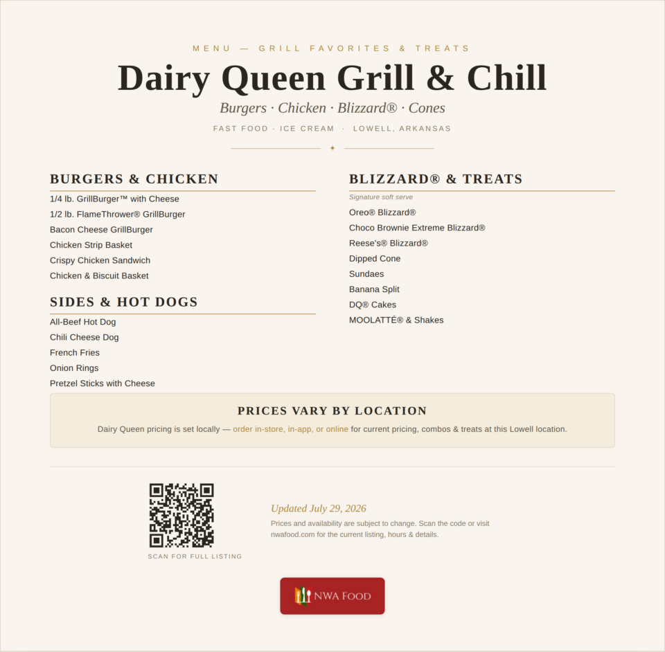 Dairy Queen Grill & Chill - Lowell, AR - Menu