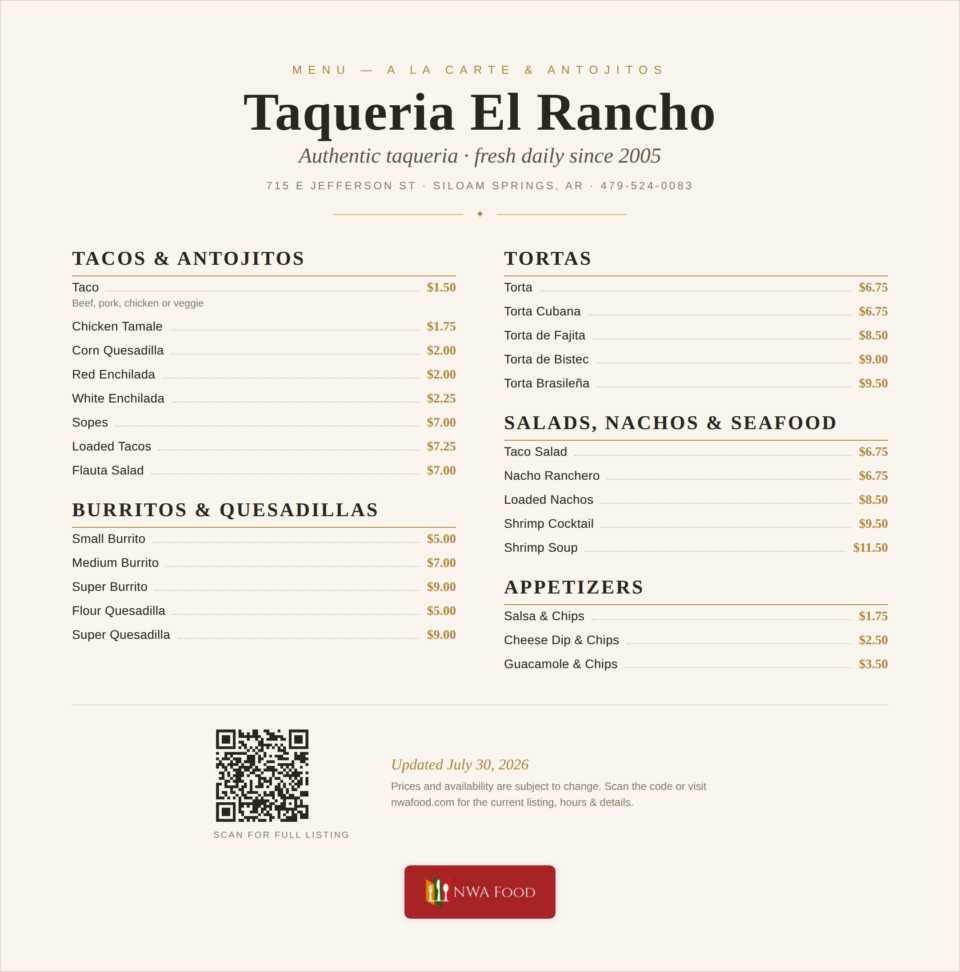 Taqueria El Rancho - Siloam Springs, AR - Menu with Prices (1)