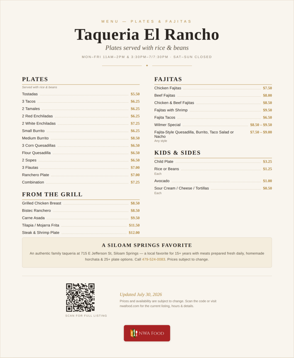 Taqueria El Rancho - Siloam Springs, AR - Menu with Prices (2)