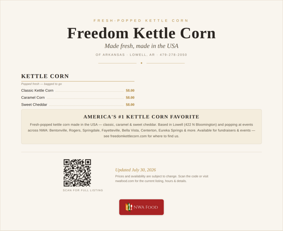 Freedom Kettle Corn of Arkansas Menu
