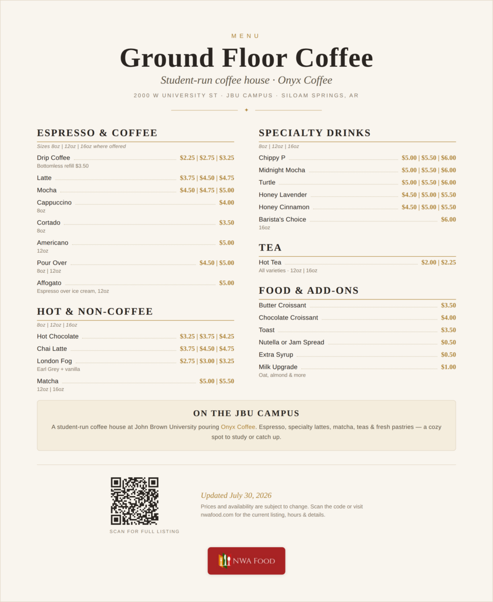 Ground Floor Coffee - Siloam Springs, AR - Menu with Prices