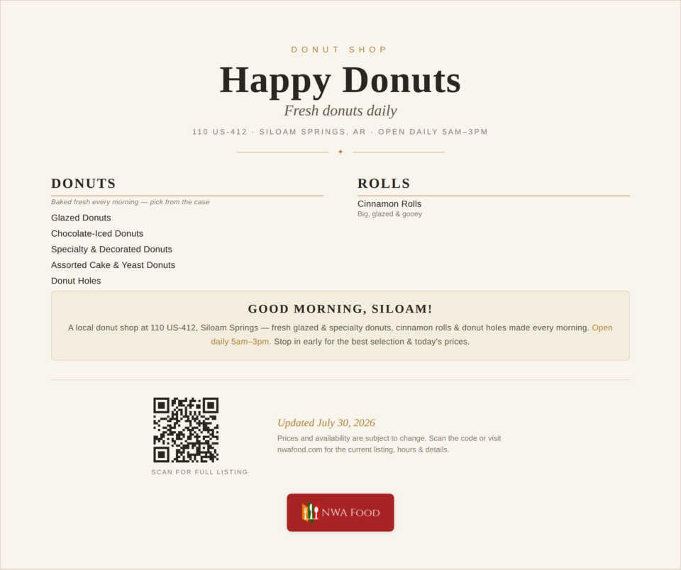 Happy Donuts - Siloam Springs, AR - Menu