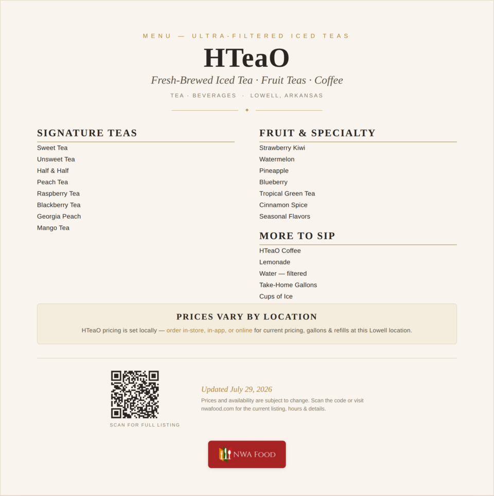 HTeaO - Lowell, AR - Menu
