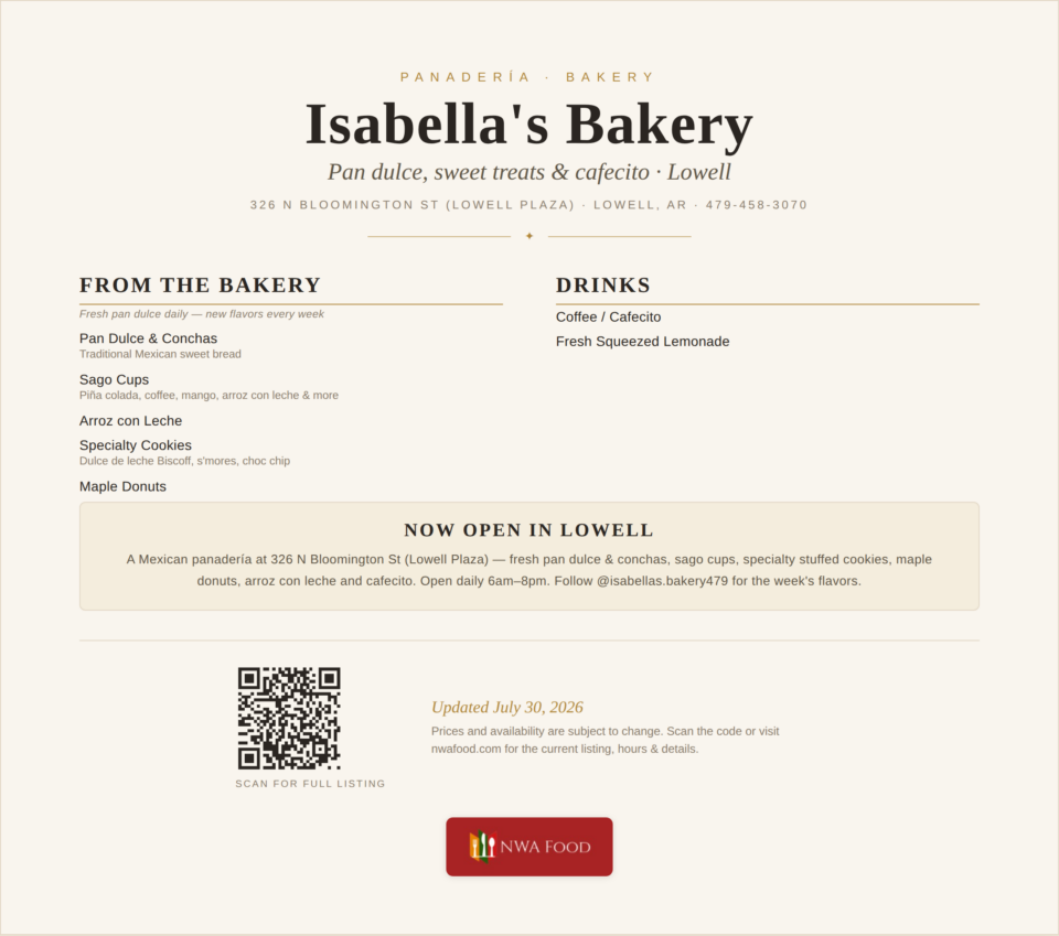 Isabella's Bakery Menu