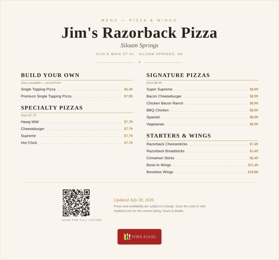 Jim's Razorback Pizza - Siloam Springs, AR - Menu with Prices (1)