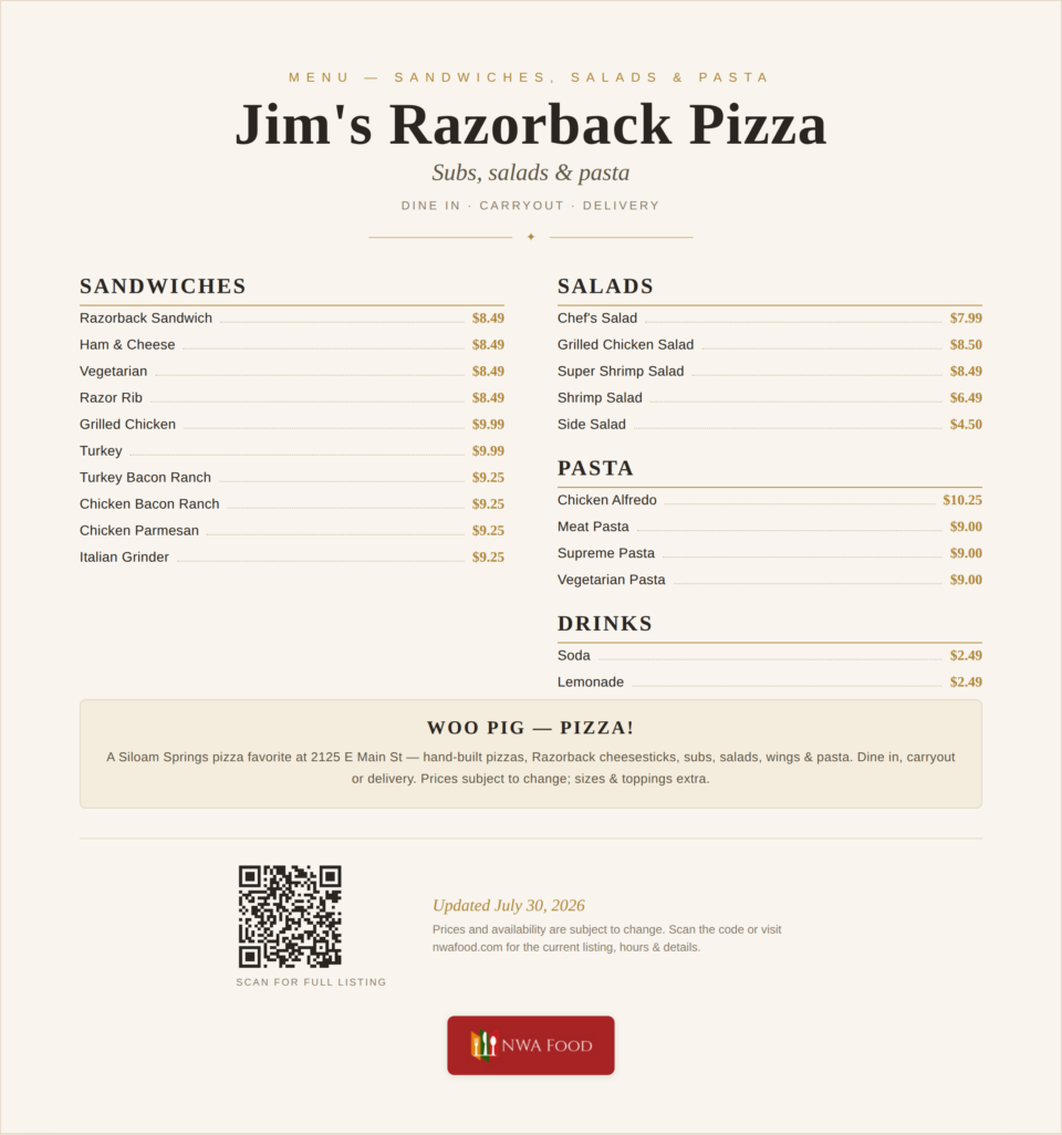 Jim's Razorback Pizza - Siloam Springs, AR - Menu with Prices (2)