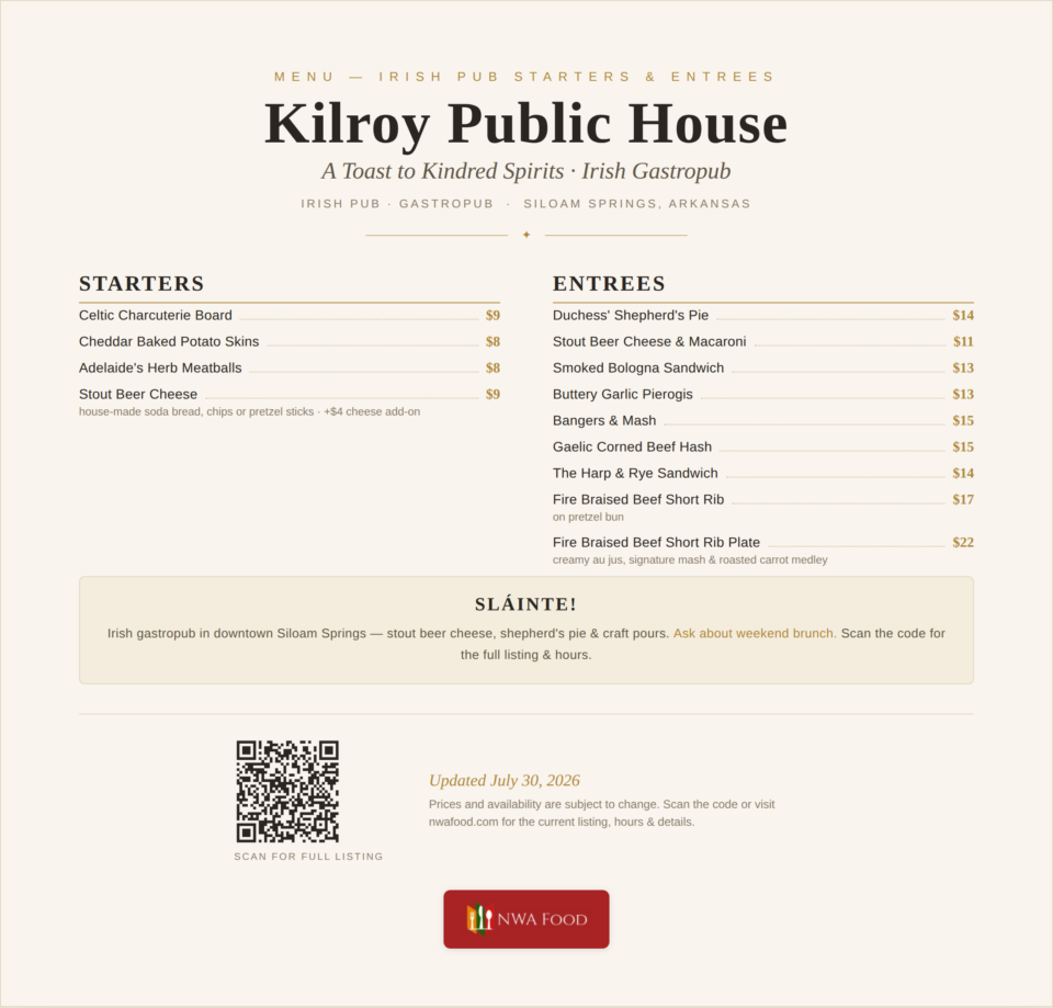 Kilroy Public House - Siloam Springs, AR - Menu with Prices