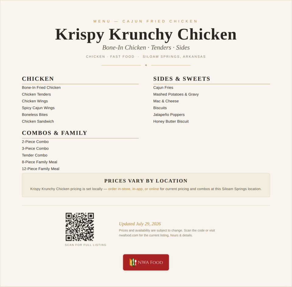 Krispy Krunchy Chicken - Siloam Springs, AR - Menu