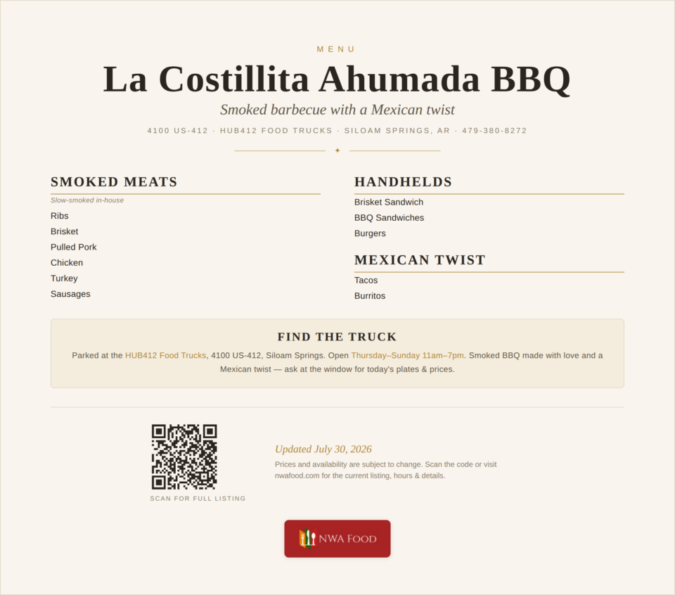 La Costillita Ahumada BBQ - Siloam Springs, AR - Menu