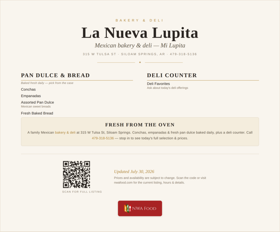La Nueva Lupita Bakery & Deli - Siloam Springs, AR - Menu