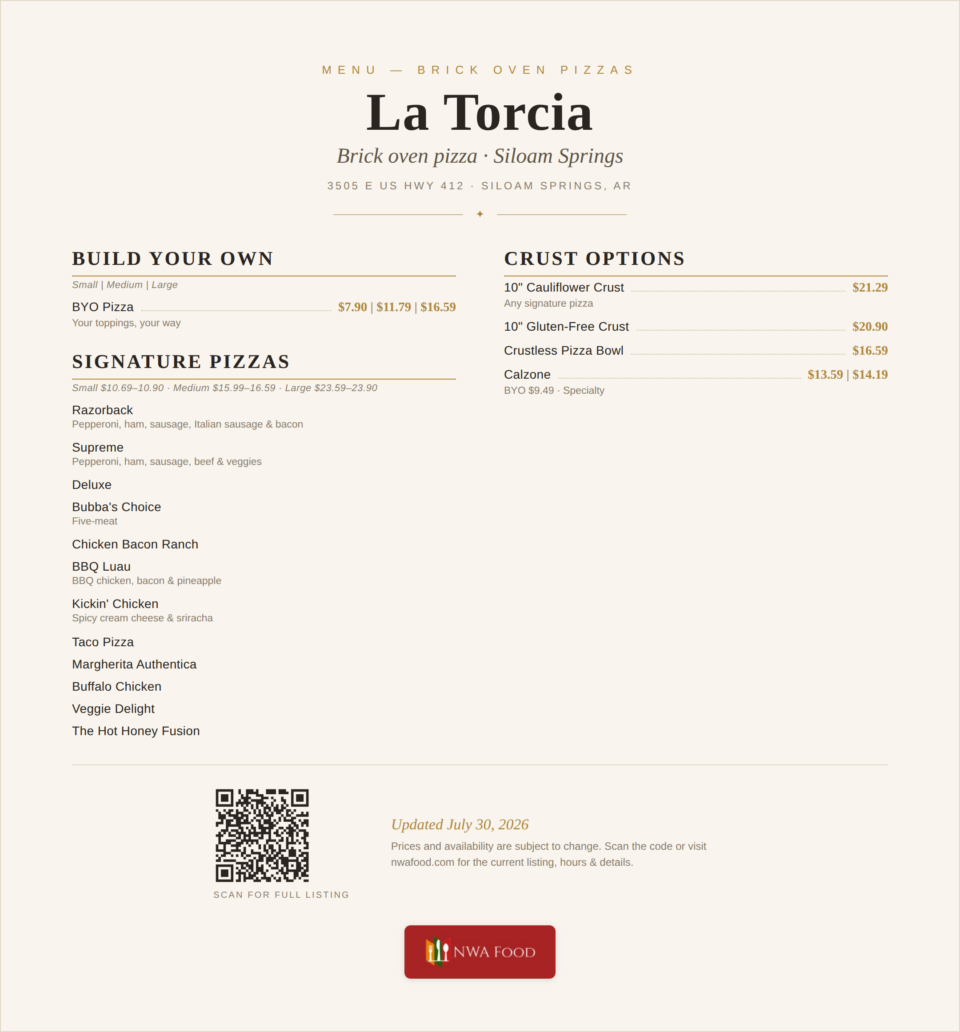 La Torcia Brick Oven Pizza - Siloam Springs, AR - Menu with Prices (1)