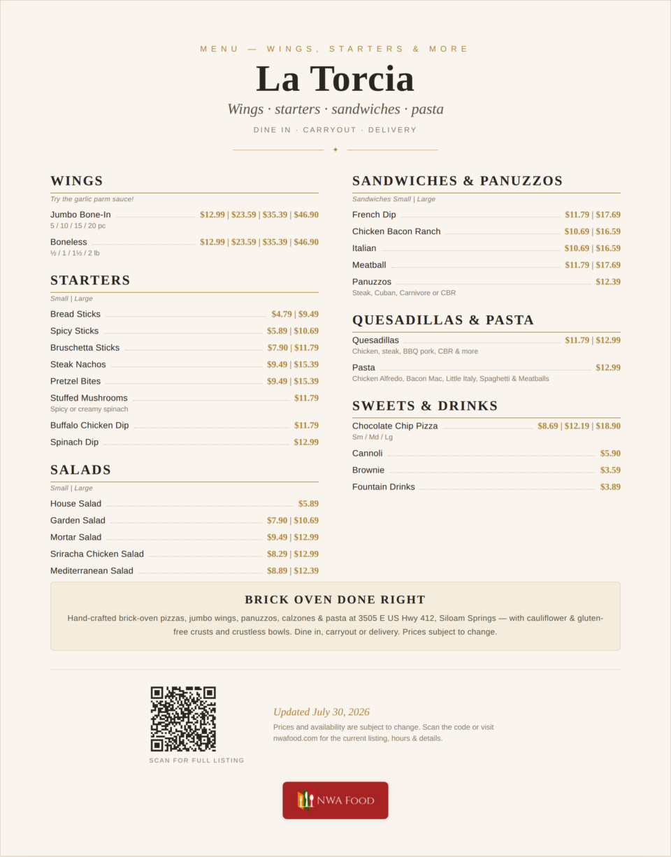 La Torcia Brick Oven Pizza - Siloam Springs, AR - Menu with Prices (2)