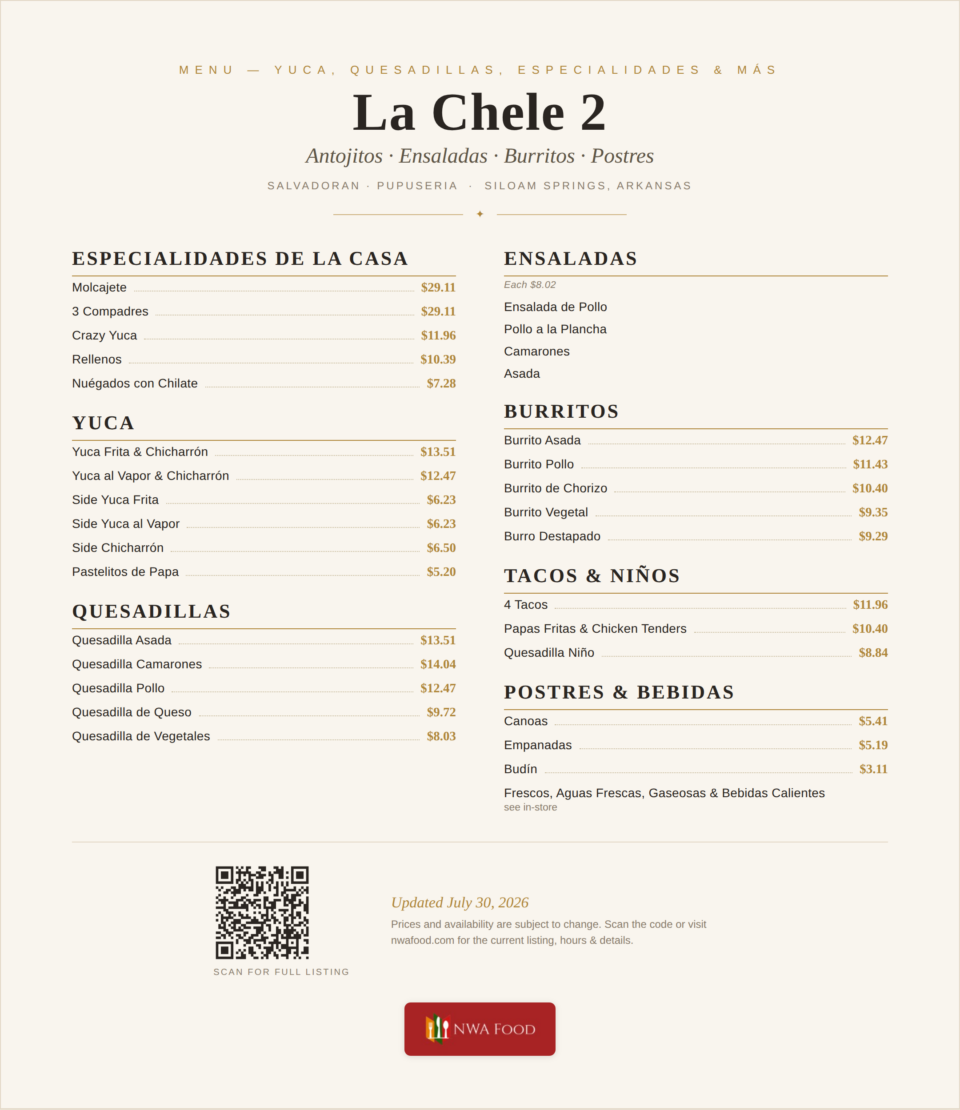 La Chele 2 - Siloam Springs, AR - Menu with Prices - 03