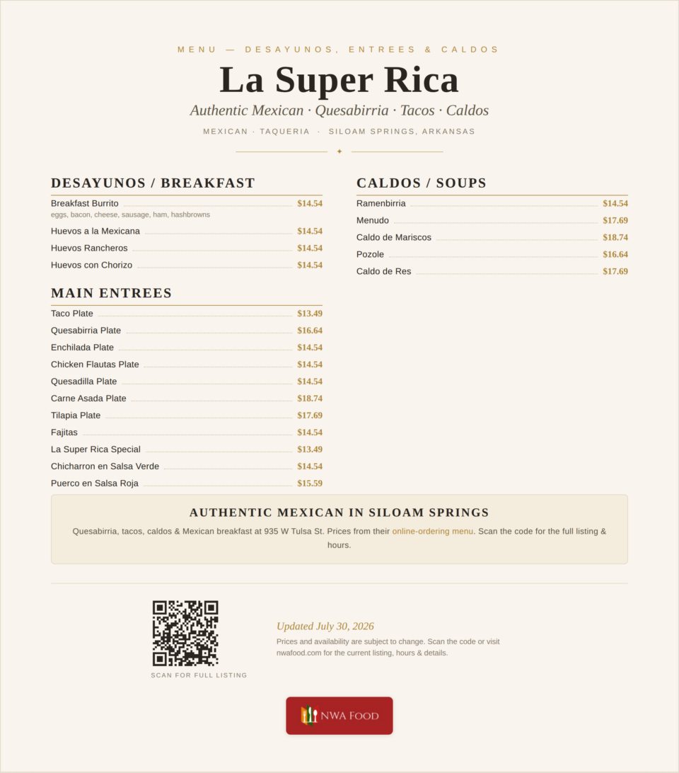 La Super Rica - Siloam Springs, AR - Menu with Prices - 01