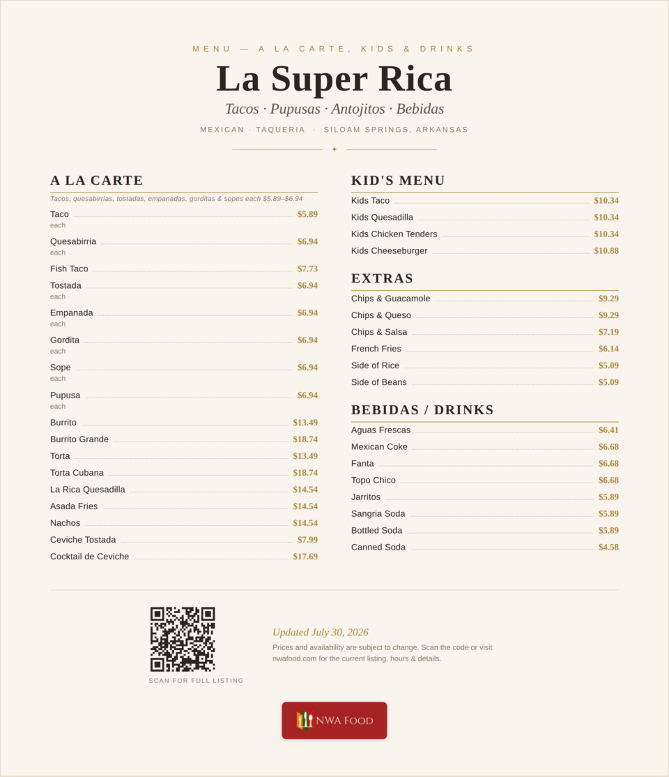 La Super Rica - Siloam Springs, AR - Menu with Prices - 02