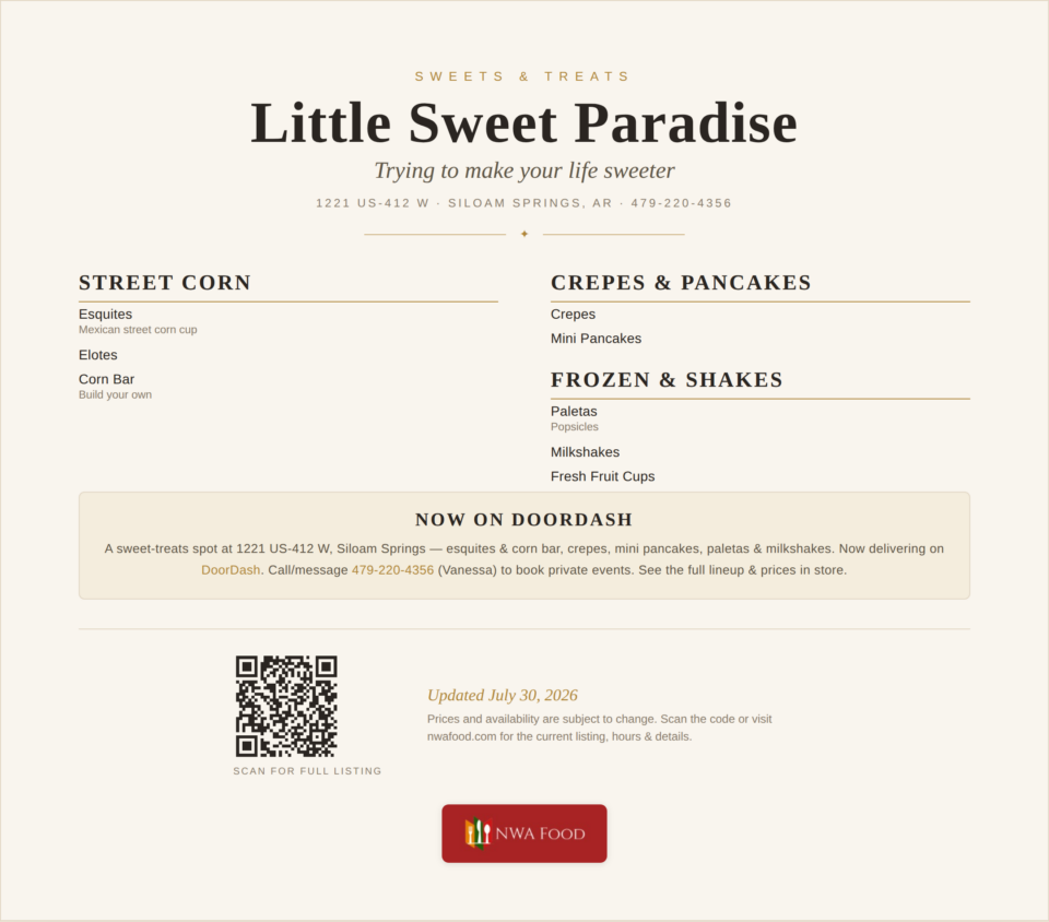 Little Sweet Paradise - Siloam Springs, AR - Menu