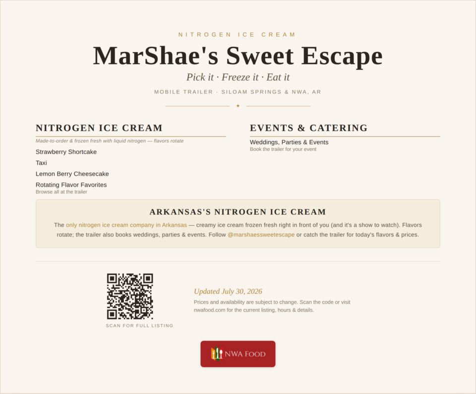 MarShae's Sweet Escape - Siloam Springs, AR - Menu
