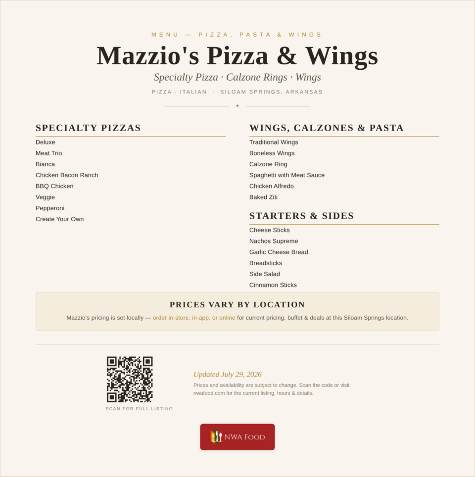Mazzio's Pizza & Wings - Siloam Springs, AR - Menu