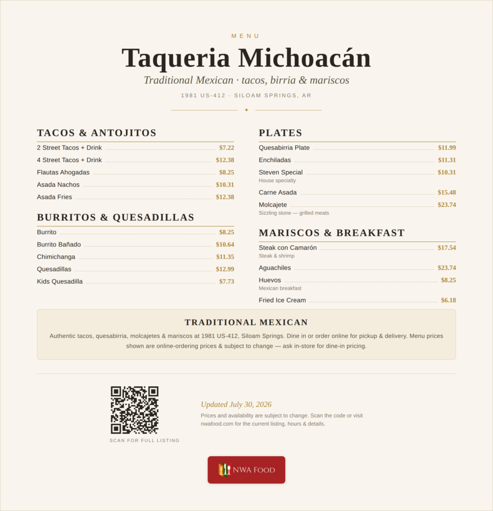 Taqueria Michoacan - Siloam Springs, AR - Menu with Prices