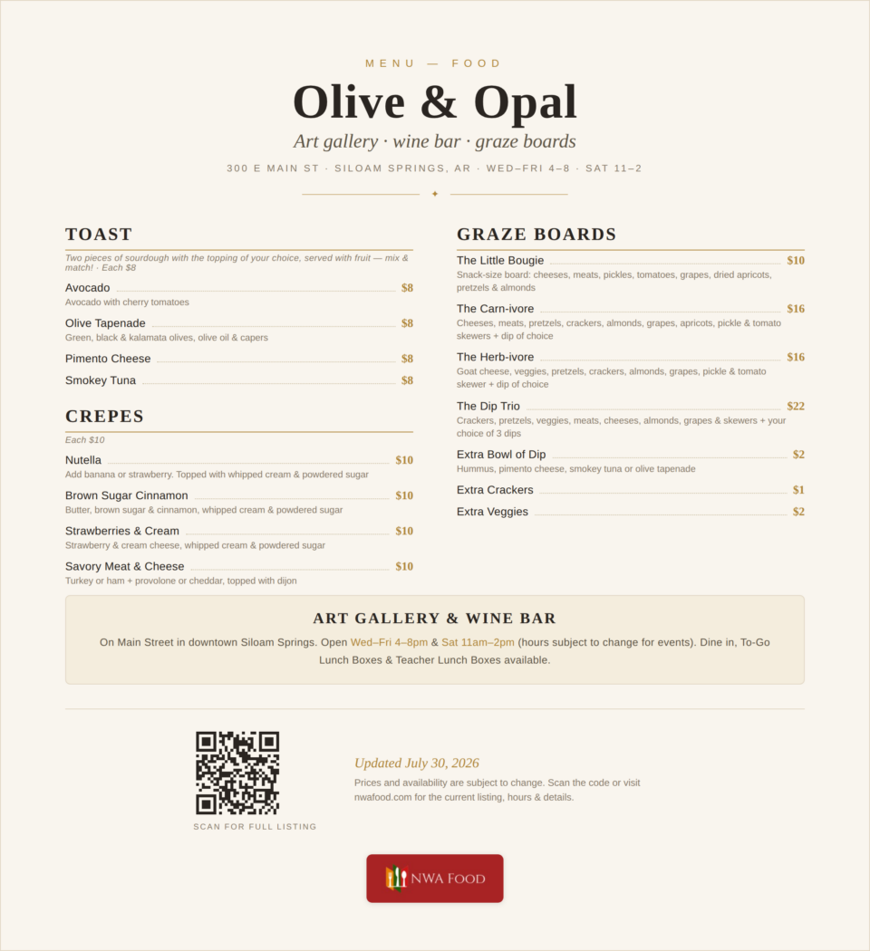 Olive & Opal - Siloam Springs, AR - Food Menu with Prices