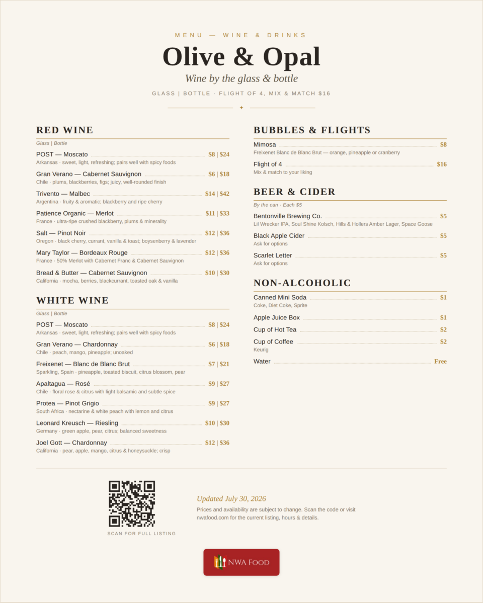 Olive & Opal - Siloam Springs, AR - Wine & Drinks Menu with Prices