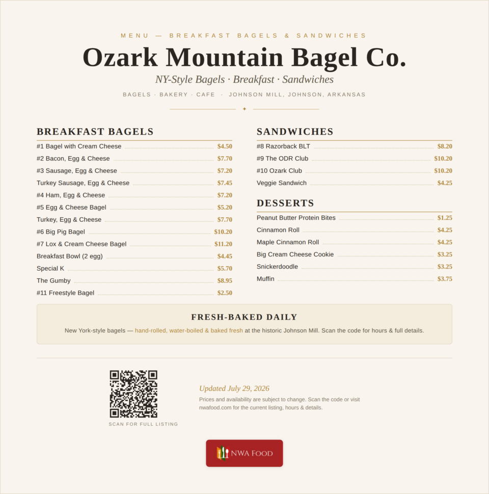 Ozark Mountain Bagel Co. - Johnson, AR - Menu with Prices - 01