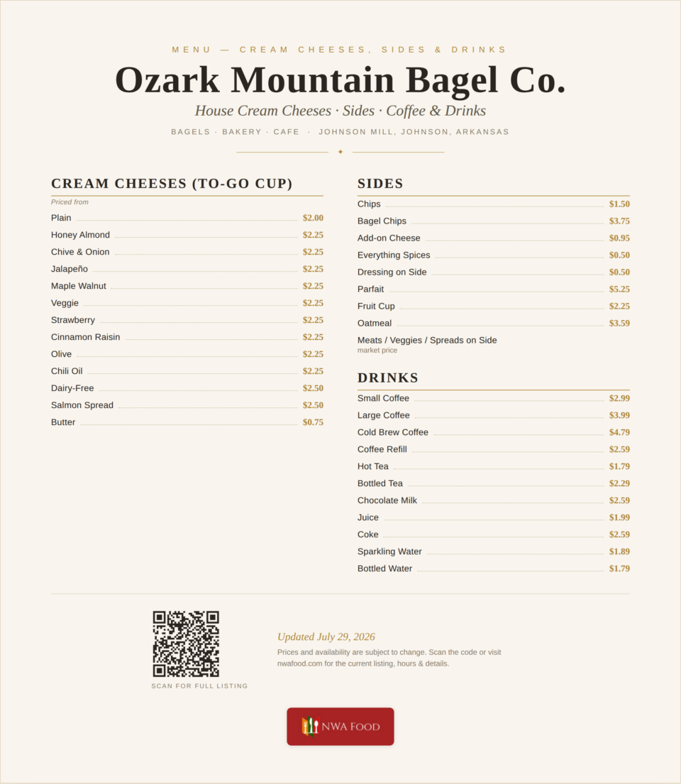 Ozark Mountain Bagel Co. - Johnson, AR - Menu with Prices - 02